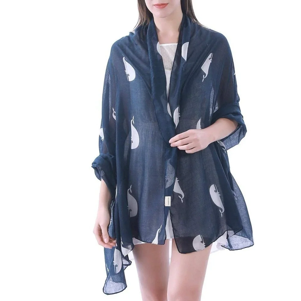 Navy Blue Whale Print Lightweight Scarf Shawl Wrap Women